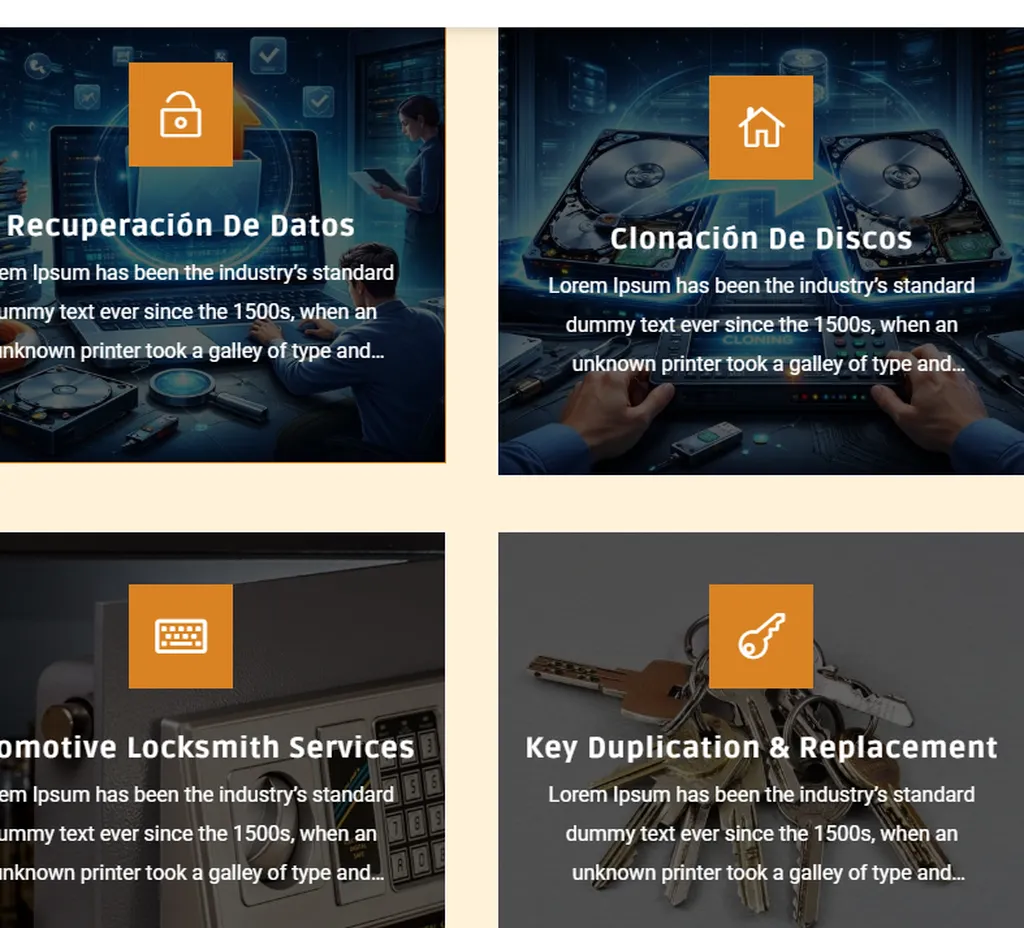 Captura de pantalla de web de informática falsa con textos de cerrajería